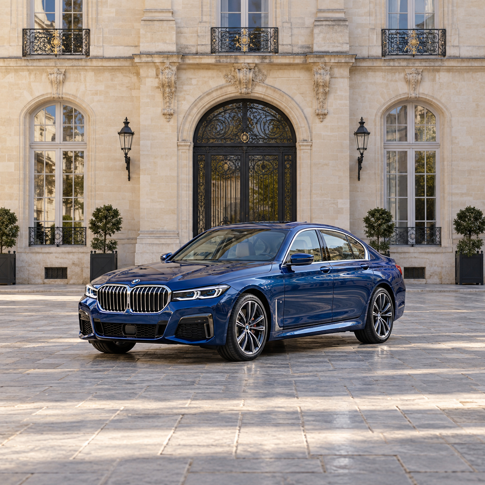 Berline bleu saphir devant une façade en pierre d'Orléans